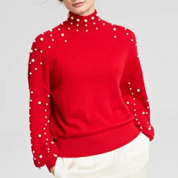 Red Charter Club 100% Cashmere  Pearl Mock-Neck Sweater M - Picture 3 of 4